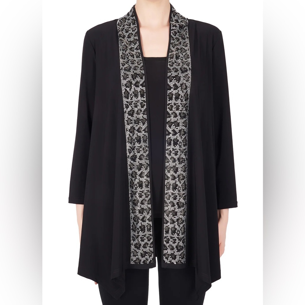 Joseph Ribkoff Black‎ Open Front Cardigan Beaded Animal Print Trim Stretch Sz 14